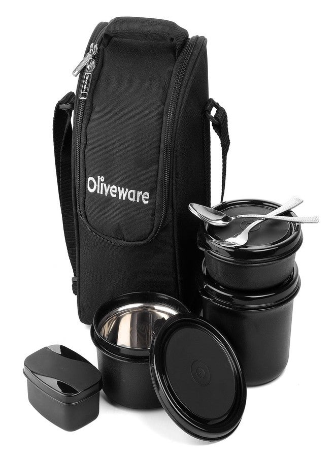 SOPL-OLIVEWARE علبة غداء SOPL-OLIVEWARE الفاخرة، آمنة للاستخدام في الميكروويف، تحتوي على 3 حاويات داخلية من الفولاذ المقاوم للصدأ مع أغطية خالية من مادة BPA (290 مل، 450 مل، 600 مل)، وعلبة مخلل بلاستيكية (130 مل)، وأدوات مائدة من الفولاذ المقاوم للصدأ - أسود - Image 1